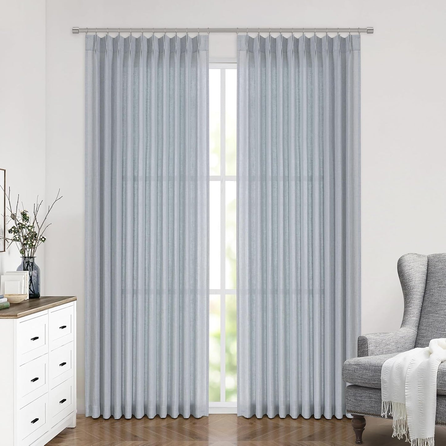 Vision Home Pinch Pleated Semi Sheer Curtains Textured Linen Blended Light Filtering Window Curtains 95 inch for Living Room Bedroom Patio Pinch Pleat Drapes with Hooks 1 Panel 60"Wx95"L,Blueish Gray