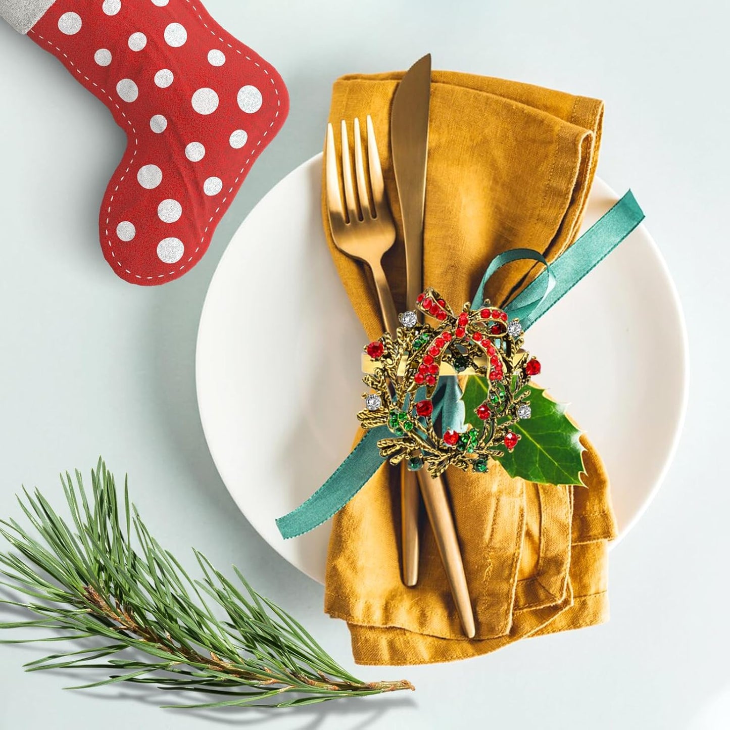 Halatool Set of 12 Christmas Napkin Rings Delicate Wreath Napkin Holder for Christmas Thanksgiving Holiday Party Table Decoration