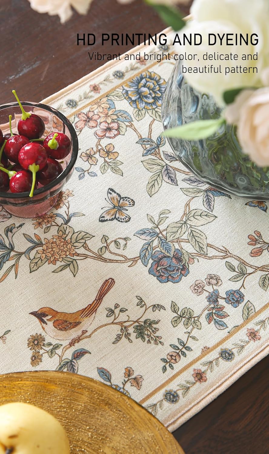 ISAENNE Designer Linen Table Runner 71 Inches Long,Elegant Floral Bird Pattern Table Runners for Dining Room,Farmhouse Rustic Kitchen Decor,Thanksgiving,Christmas,12"*71"-Cornucopia