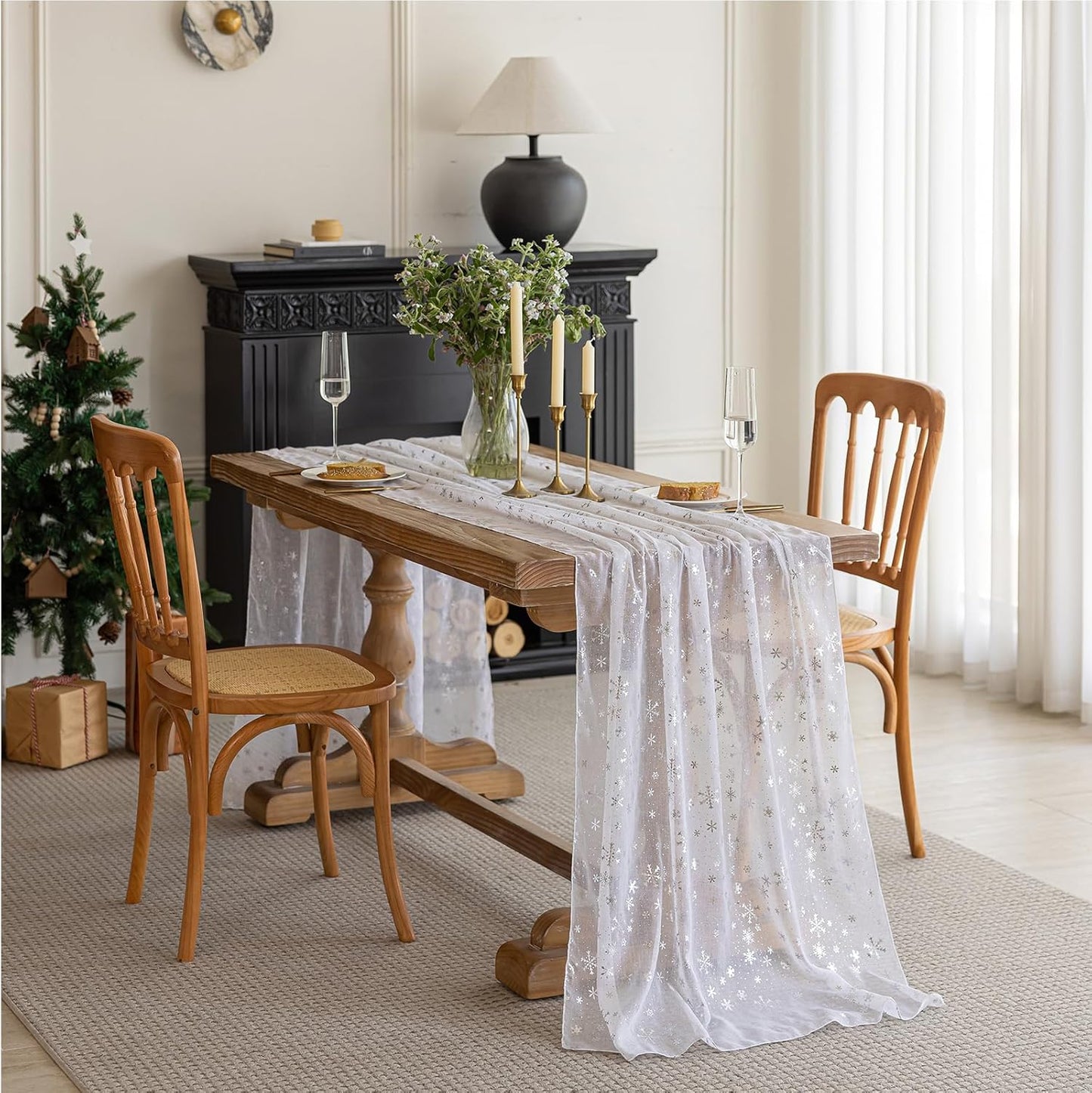 Silvery Snowflake Metallic Print Tulle Christmas Table Runner, Seasonal Winter Kitchen Dining Table Decoration for Home Party Decor 35x120 Inch(Off White)