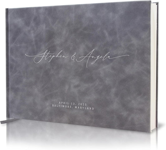 MUUJEE Personalized Guestbook in Slate Gray - Premium Custom Modern Guest Book for Wedding Reception, Birthday Party or Events w/Bookmark Blank Pages for Signing 11.5 x 8.5 inches