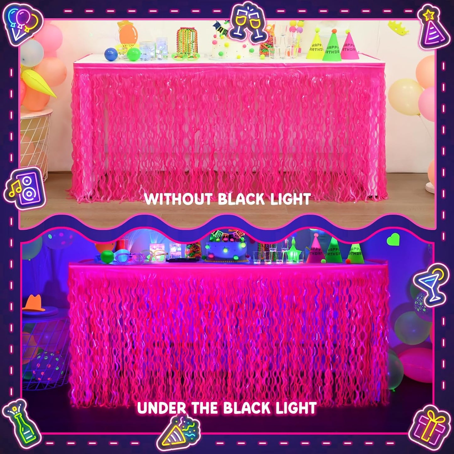 Mega-L Glow in The Dark Party Supplies, 2 Pack Neon Party Decorations Fluorescent Macaron Fuchsia Wavy Metallic Tinsel Foil Fringe Table Skirts, Perfect Table Decors for Glow Birthday Decor