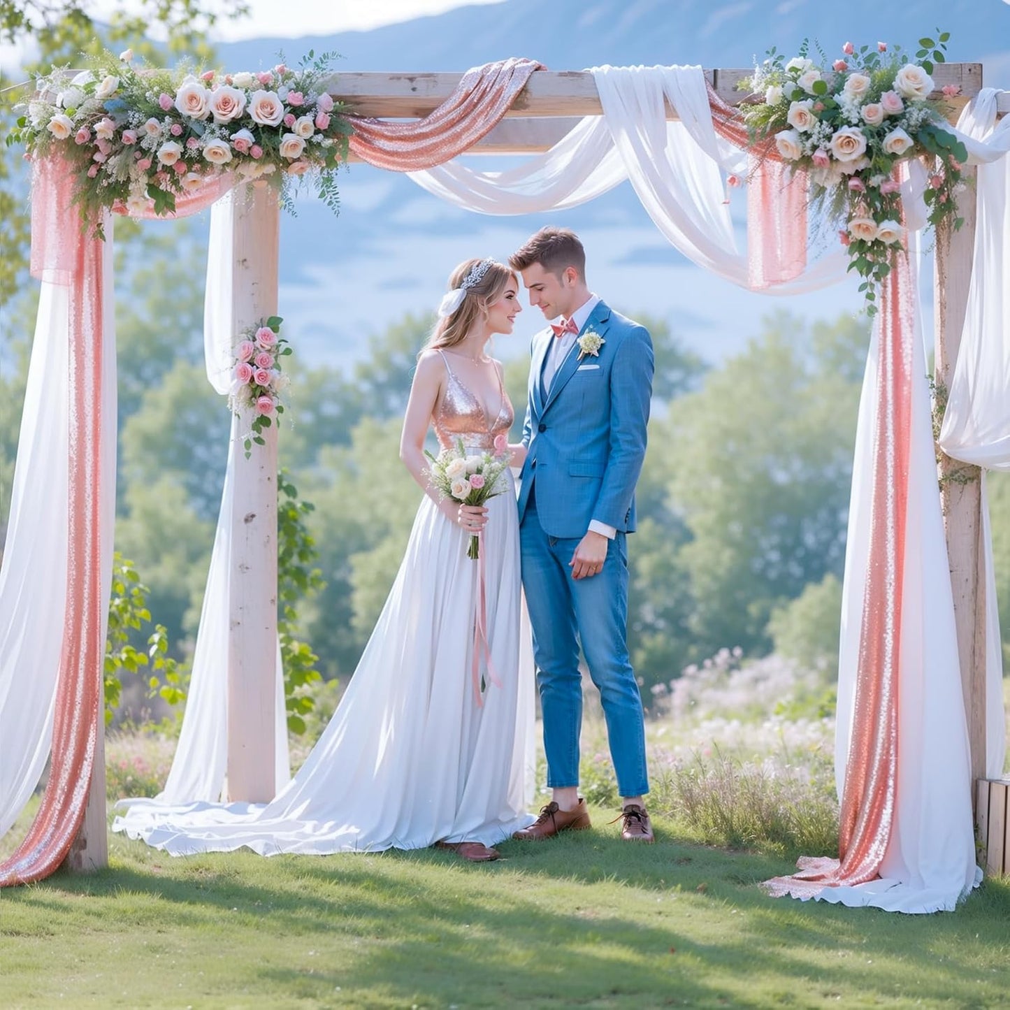 Wedding Arch Draping Fabric, 1 Panel 28" x19ft White Arch Drapes & 1 Panel 16" x19ft Rose Gold Sequin Fabric Drapes Arbor Backdrop Curtain for Wedding Arch Ceremony Bridal Shower Reception