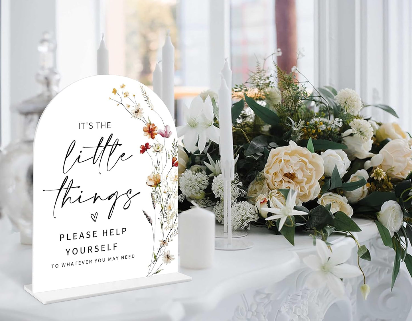 Boho Floral Wedding Bathroom Basket Sign, 6 x 8 Inch White Arch Acrylic Wedding Sign with Holder, Wedding Sign for Ceremony and Reception, Wedding Decoration, Wedding Supplies - BX09