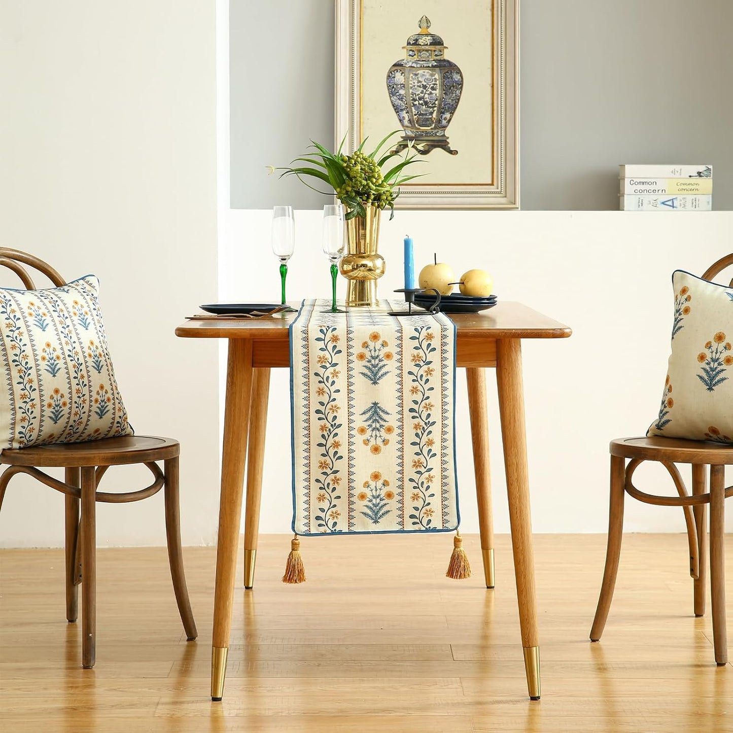 ISAENNE Designer Pale Yellow Elegant Linen Table Runner 102 Inches Long,French Floral Pattern Elegant Table Runners for Dining Tables,Thanksgiving,Kitchen Tables,Christmas,12"*102"-Estevan A