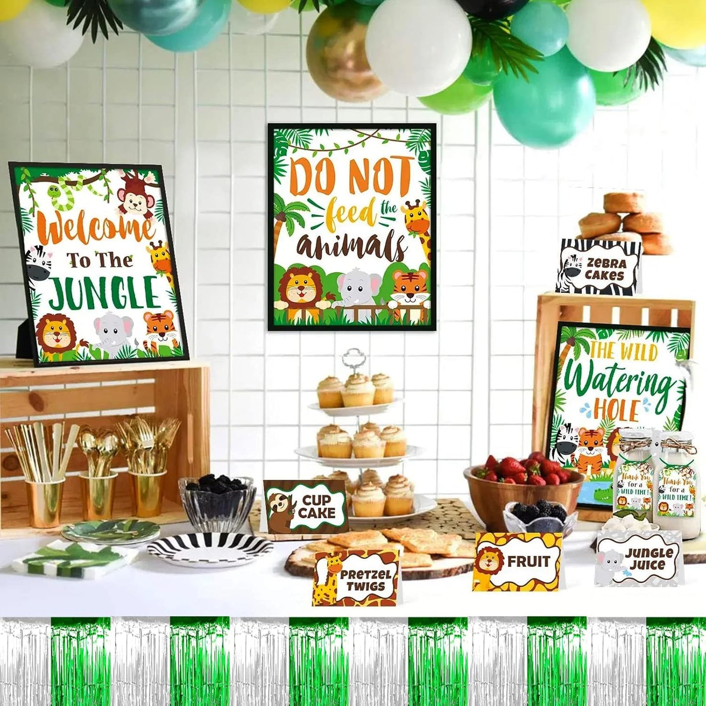 4 Pack 29x108 Inch Metallic Foil Fringe Tinsel Table Skirts for Rectangle Tables Streamer Backdrop for Wedding, Birthday, Parade Floats, Christmas, Halloween Party Decoration(Silver Green)