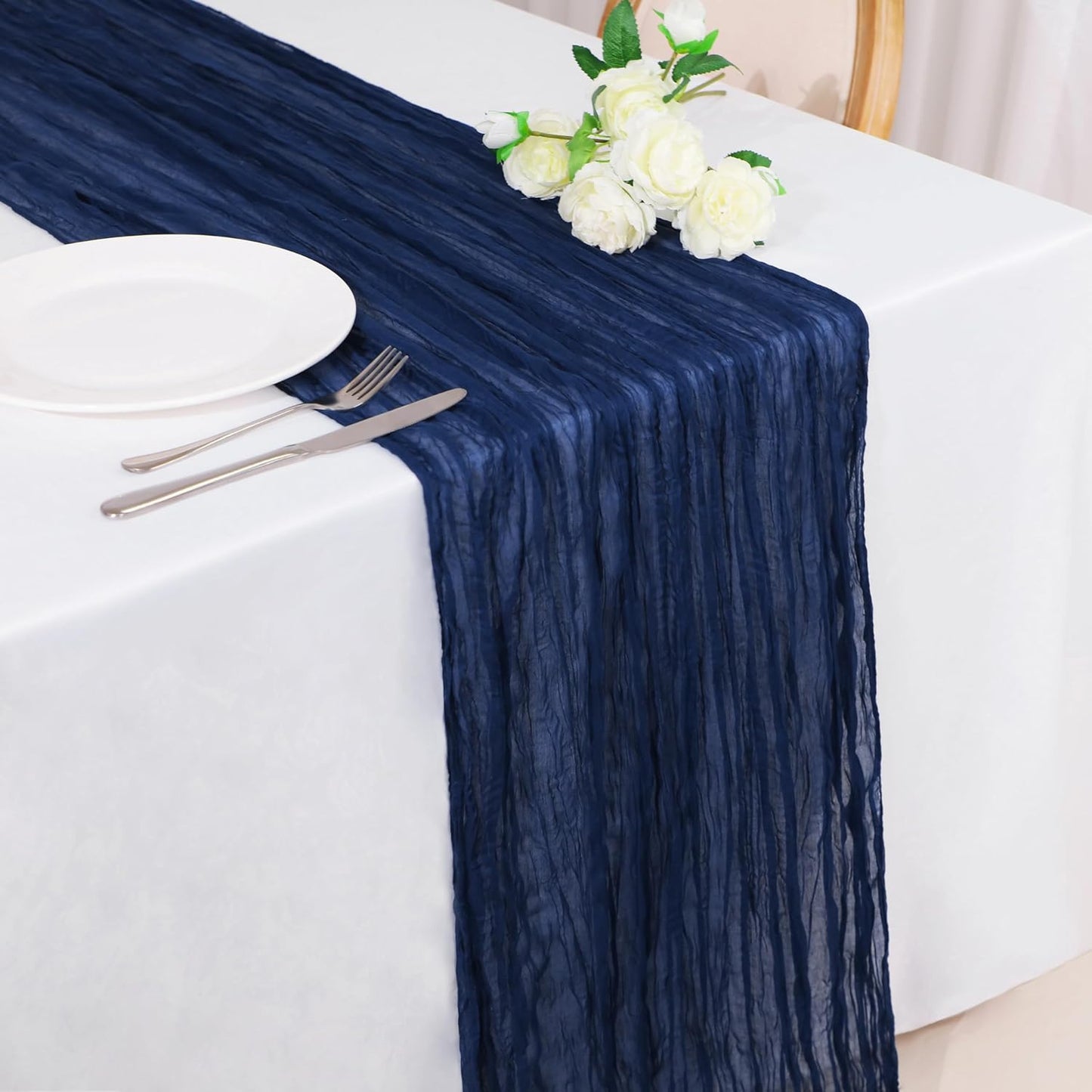 Snowkingdom 13Ft Navy Blue Cheesecloth Table Runner, 160inch Long Cheese Cloth Boho Gauze Runner for Christmas Wedding Bridal Baby Shower Birthday Holiday Party Sheer Table Decorations
