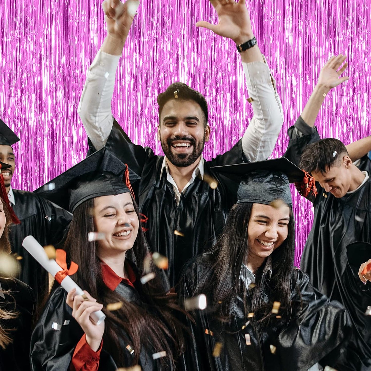 2 Pack Hot Pink Backdrop Curtain Party Streamers Hot Pink Birthday Decorations Foil Fringe Photo Backdrop Party Supplies Fiesta Grad Theme Decorations