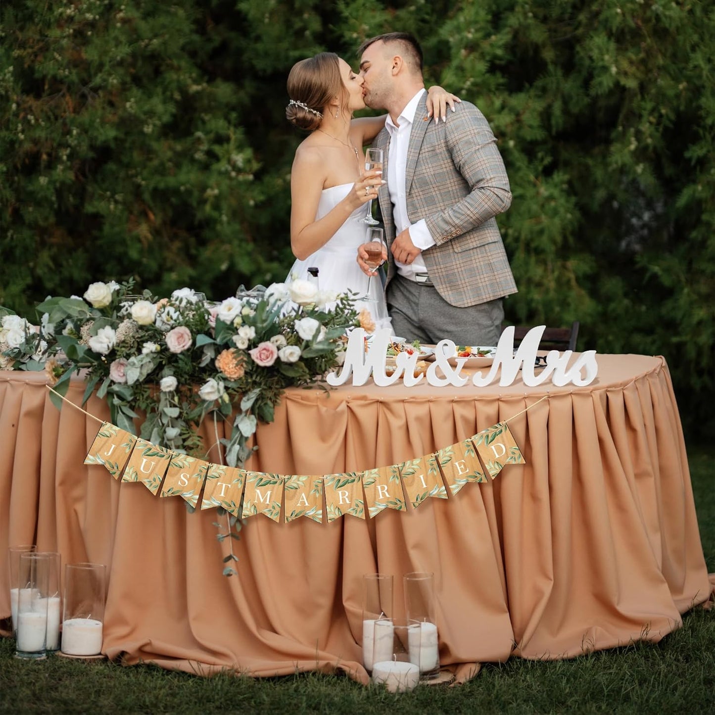 Mr & Mrs Cake Topper & Just Married Banner & Mr Mrs Table Sign Green Wedding Decorations in Wood