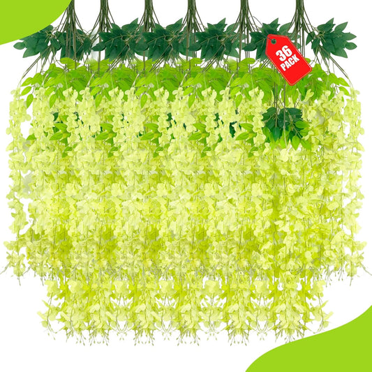 36 Pack Green Wisteria Hanging Flowers, 3.44 Ft Fake Hanging Flowers, Artificial Wisteria Garland Vines for Wedding Room Backdrop Outdoor Patio Garden Decoration