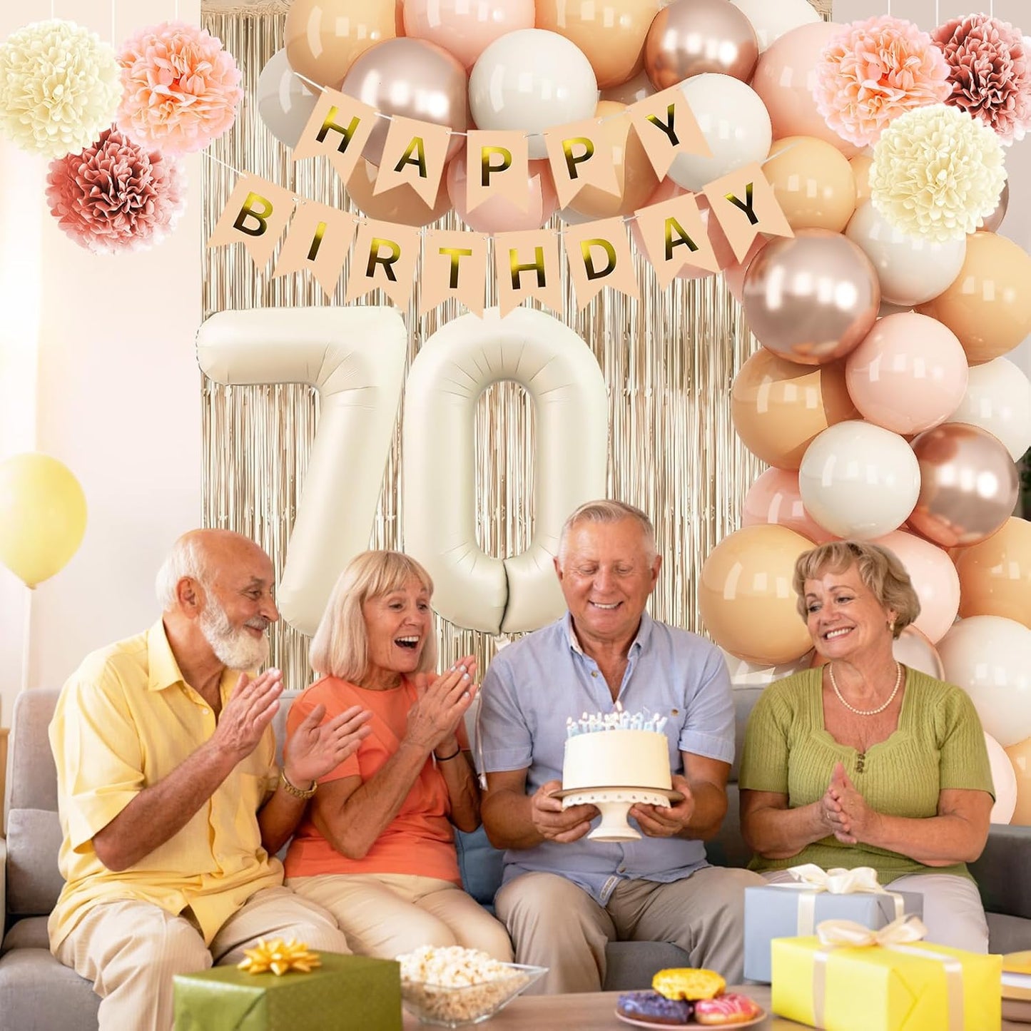 Beige 70th Birthday Decorations for Women Cream Number 70 Balloon Nude Gold Happy Birthday Banner Fringe Curtain Paper Pom Poms Blush White Sand Champagne Star Foil Balloons Neutral Boho Party Decor