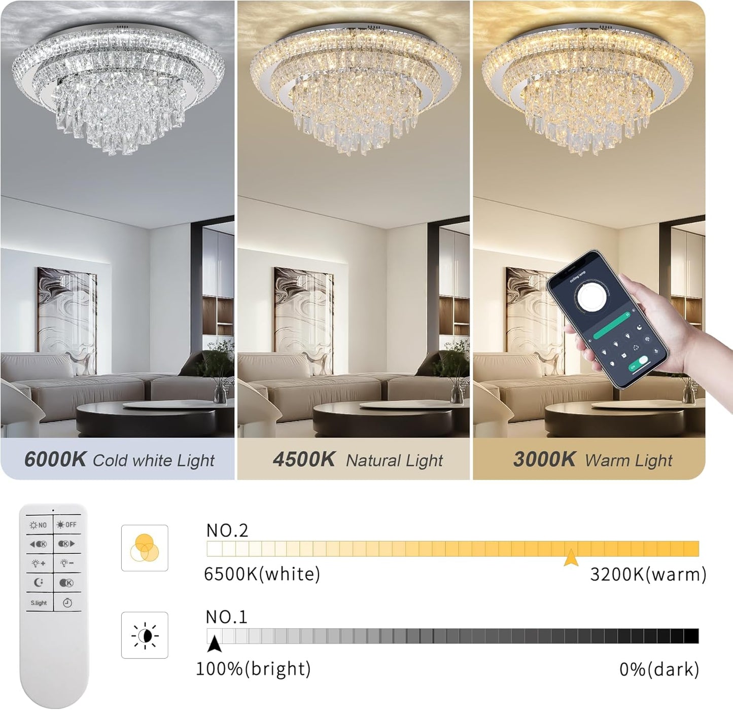 24 inch Crystal Silver Ceiling-Light Flush Mount with Remote Control and APP, 3CCT Dimmable & Brightness Adjustable, Modern Crystal Raindrop Chandeliers for Bedroom Hallway Dinning Room Living Room