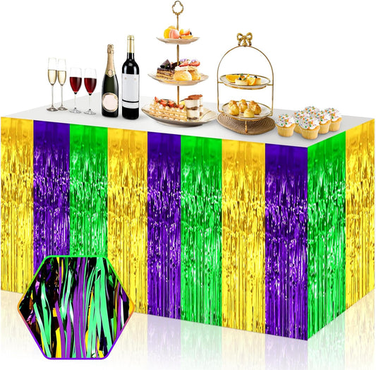 3 Pack 29x108 Inch Gold Green Purple Foil Fringe Table Skirts Metallic Banner for Tinsel Streamer Garland Backdrop for Parade Floats Wedding Thanksgiving Birthday Christmas Halloween Party Decoration