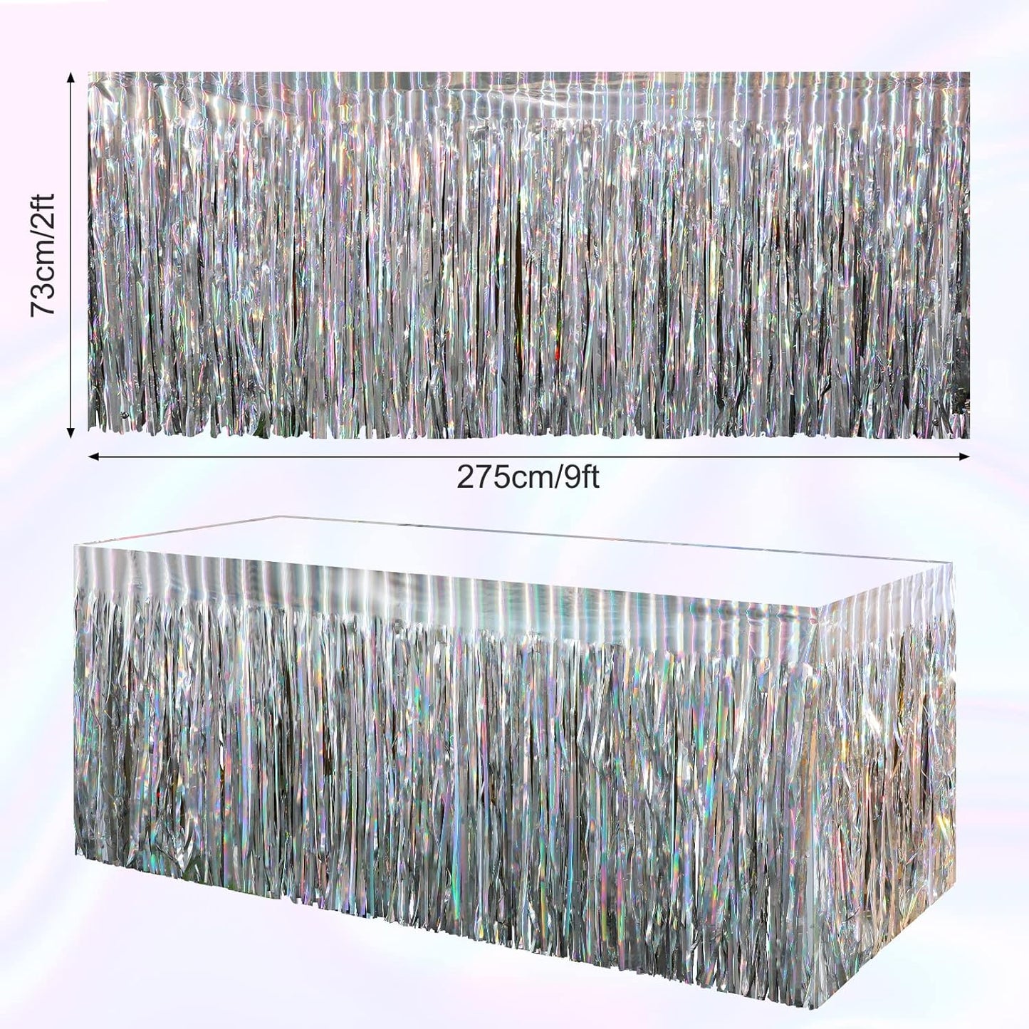 4 Pack Iridescent Table Skirt, Metallic Foil Fringe Tinsel Table Skirts for Rectangle Tables, Disposable Laser Rainbow Table Skirt Iridescent Party Decorations for Birthday Wedding Holiday, 29x108Inch