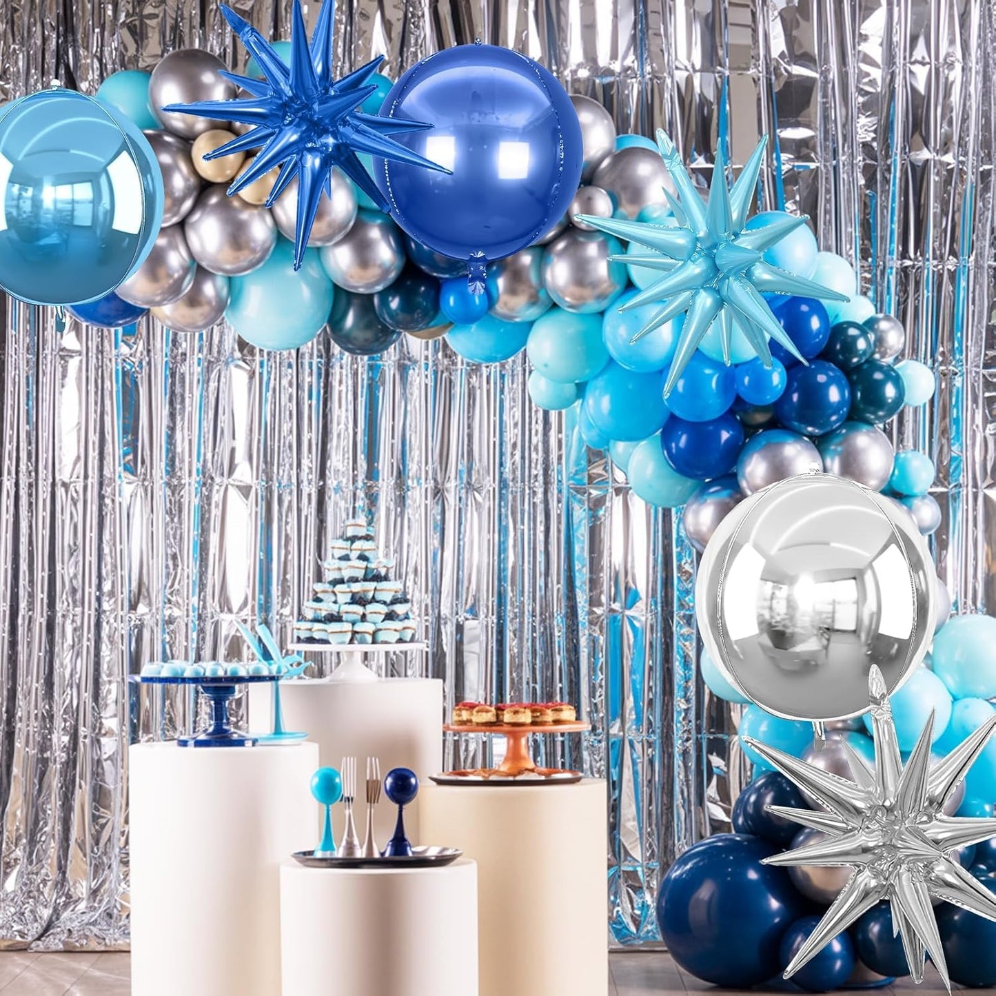 6Pcs Blue Silver Foil Balloons,22Inch Light Blue Silver 4D Round Ball Balloon and Explosion Star Balloon for Birthday Wedding Baby Shower Prom Party Anniversary Decorations