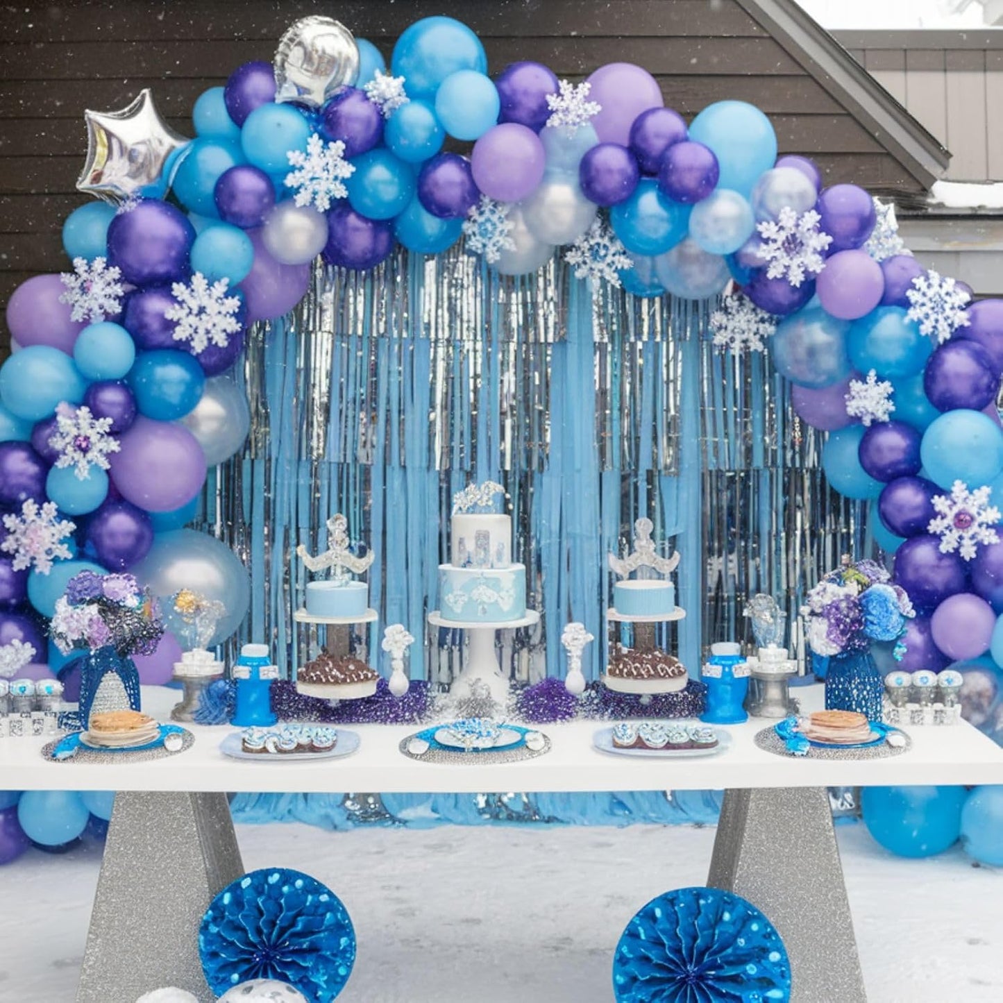 Frozen Balloons, 12 Inch Blue and Purple Balloons, Metallic Silver Blue Frozen Print Snowflake Confetti Balloon for Girls Woman Ice and Snow Winter Theme Birthday Party Decorations