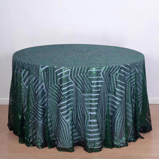 Efavormart 120" Hunter Emerald Green Sparkly Sequin Geometric Tulle Round Tablecloth