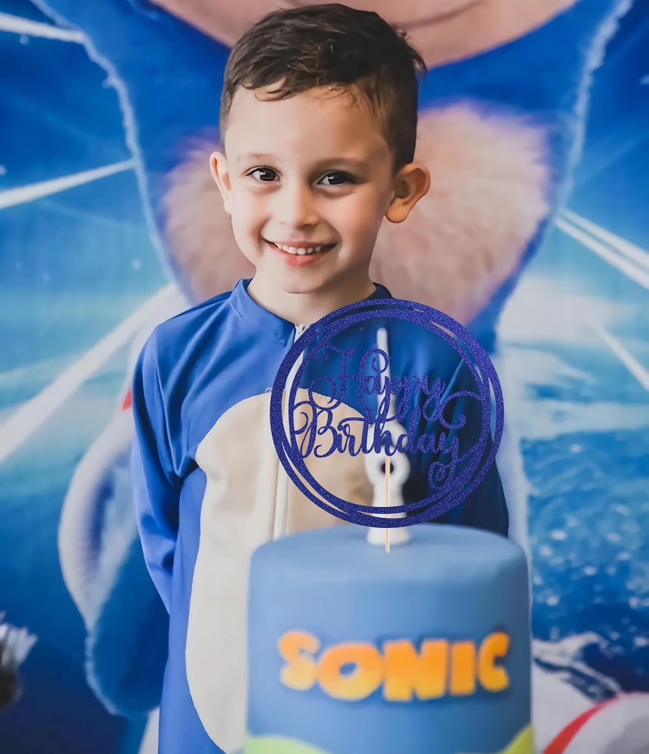 Happy Birthday Cake Topper - Blue Glitter Happy Birthday Cake Decoration Supplies for Children or Adults - Happy Birthday Cake Bunting Decor, Photo Booth Props