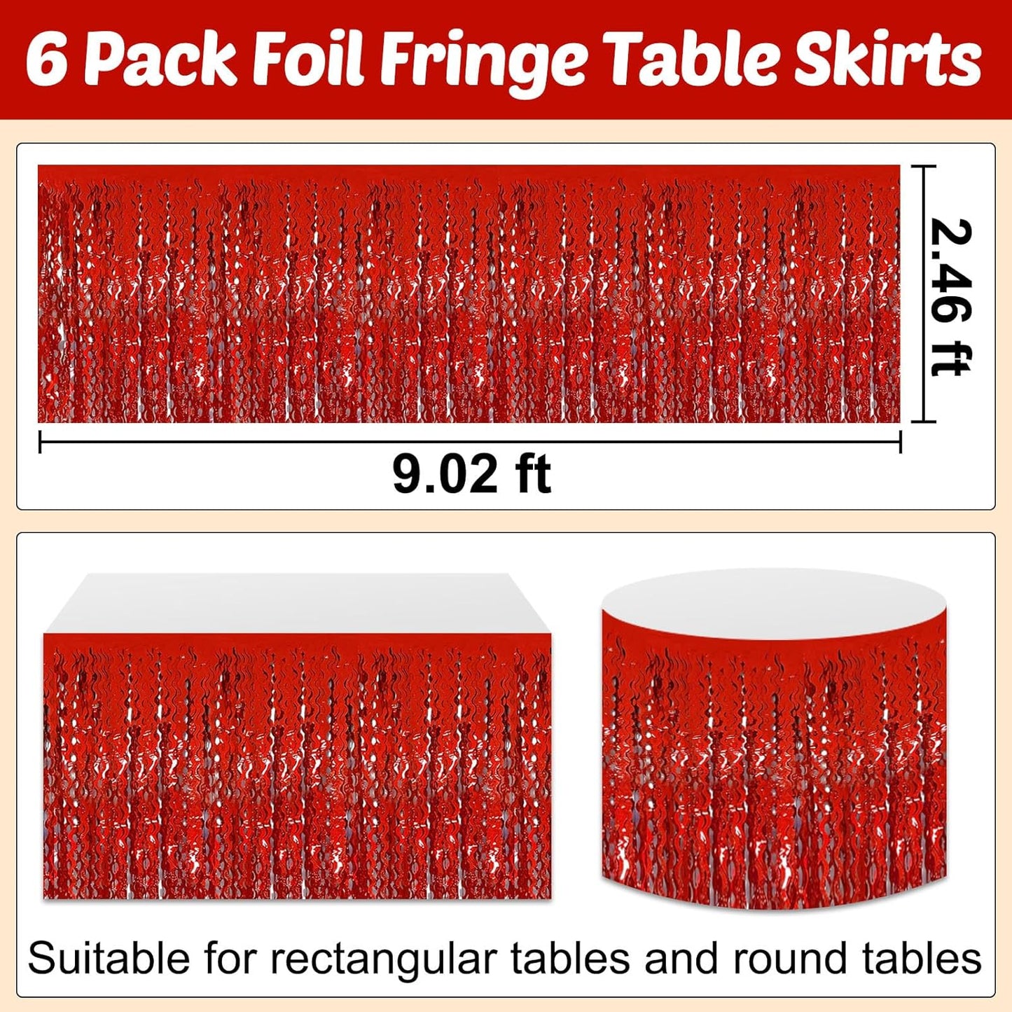6 Pack 29x108 Inch Red Wave Foil Fringe Table Skirts Metallic Banner for Tinsel Streamer Garland Backdrop for Parade Floats Mother's, Graduate, Mardi Gras, Birthday, Wedding Party Decorations
