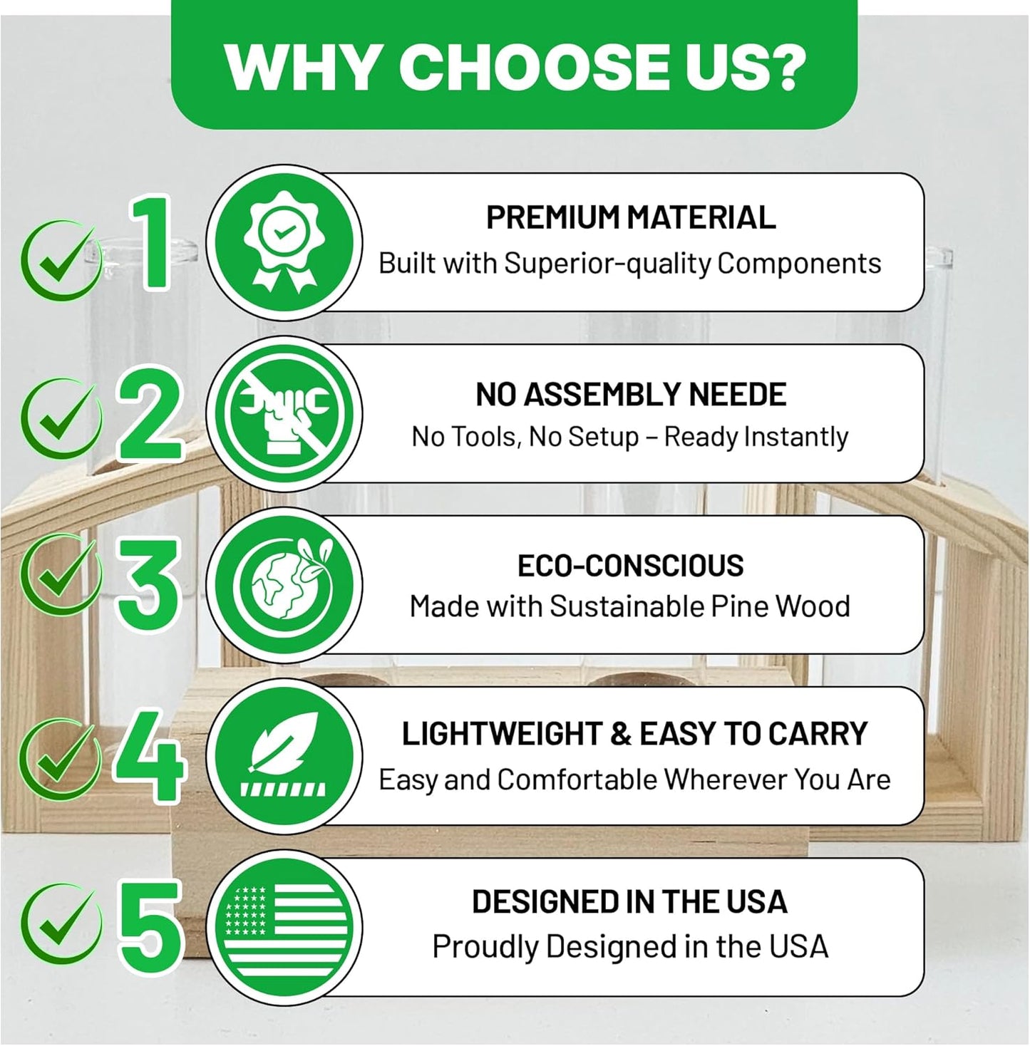 Plant Propagation Station - 3-Piece Wooden Stand with 4 Glass Test Tubes, Terrarium Vases for Plants, Hydroponic Propagation Planter for Home office Decor, Plant Lover Gift.