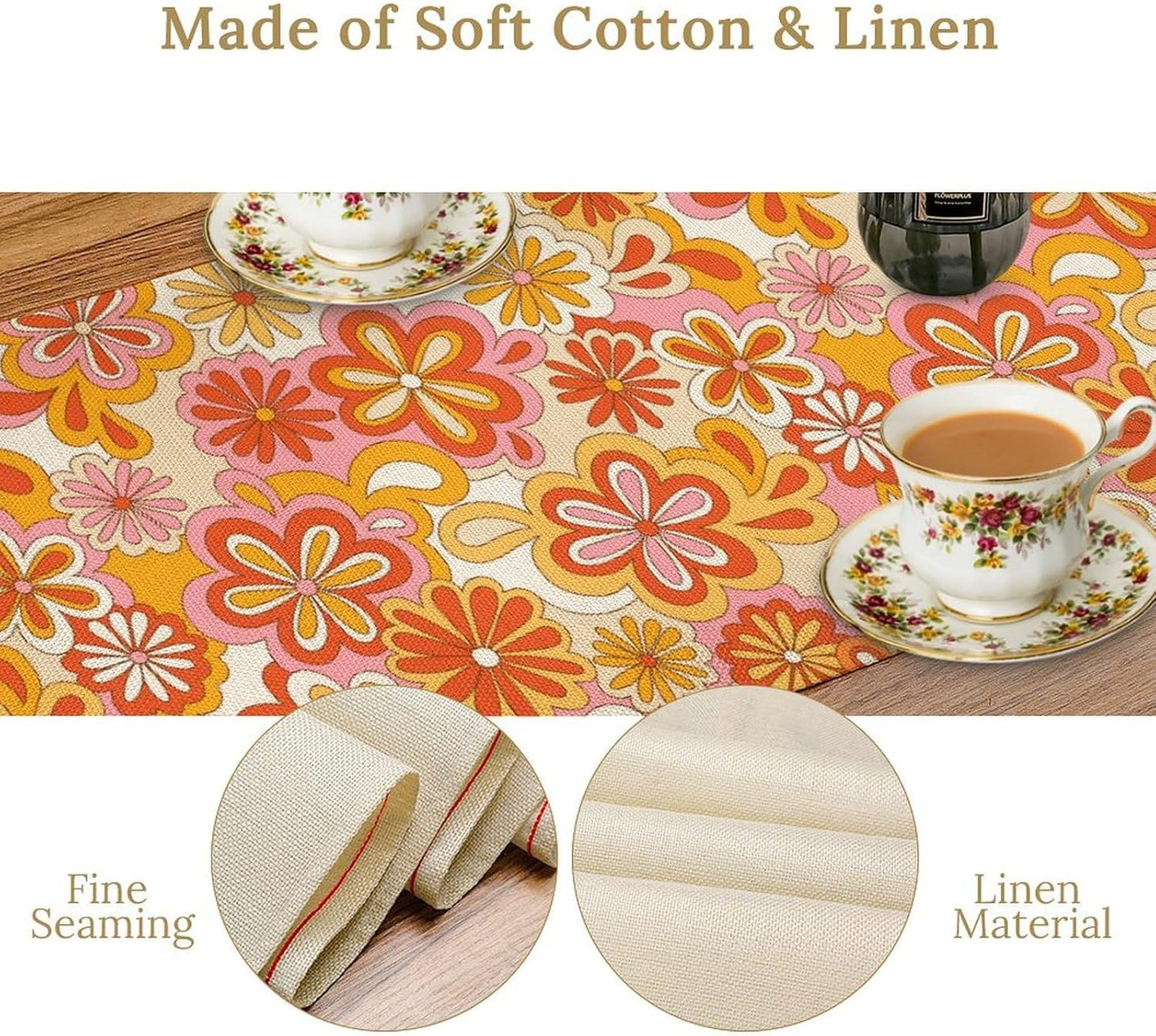 Vintage Floral Table Runner,70s Style Retro Daisies Flower Hippie Table Runner for Kitchen Dining Table Home Party Decoration 13x108 Inch