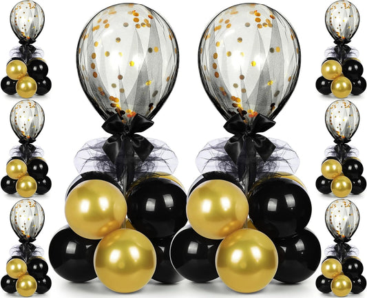 BBTO 8 Set Table Centerpieces Balloons Stand Kit, 80 Pcs Latex Balloons and Table Stand Holder with Base Tulle for Wedding Birthday Baby Shower Party(Black, Gold)