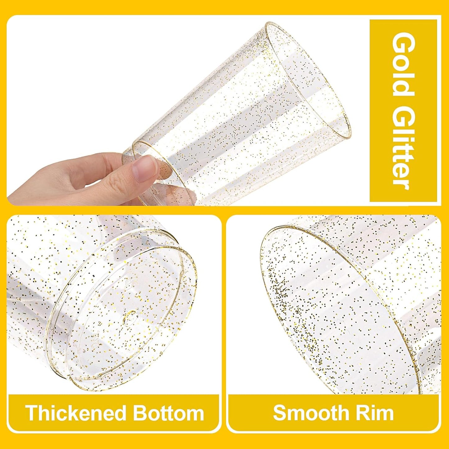 BESTVIP 12oz Gold Glitter Disposable Cups, 100 Pack Gold Plastic Cups, Heavy-duty Party Cocktail Glasses for Christmas, Thanksgiving, Plastic Cups for Party, Holiday, Wedding and Birthday