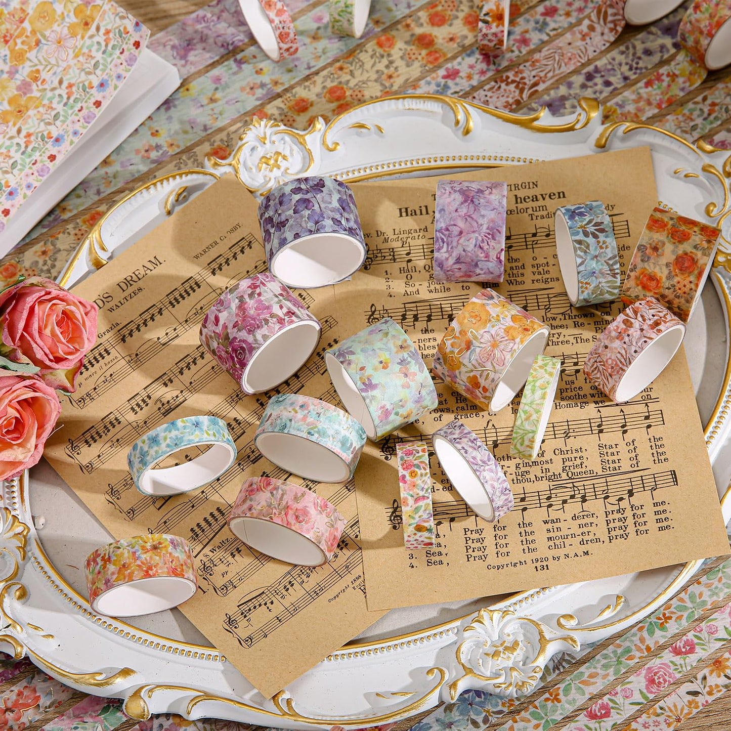 32 Rolls Washi Tape Set, Colored Floral Decorative Masking Tape, Artists Tapes for Junk Journal, Journaling, DIY Craft Projects, Scrapbooking Supplies Decor
