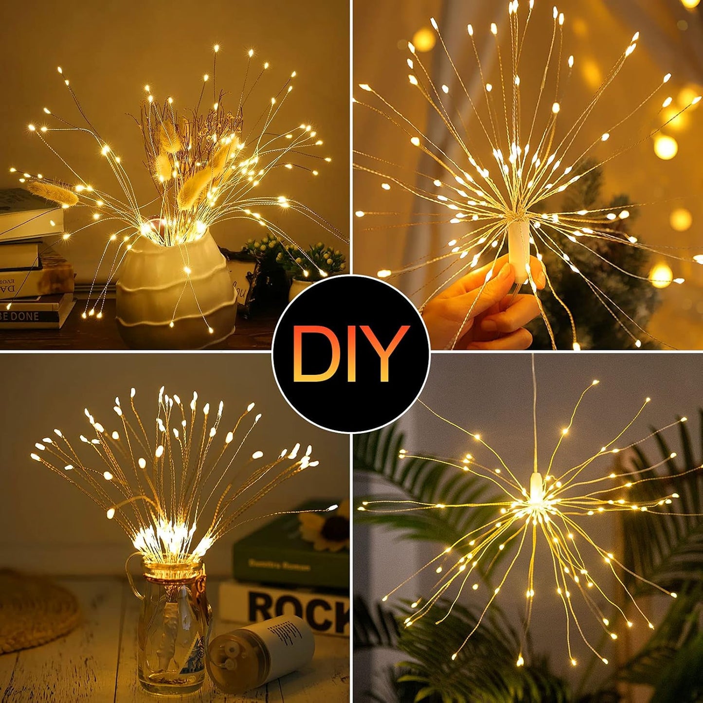 4 Pack String Lights - 225 LED 8 Modes Dimmable with Remote Control, Waterproof Copper Wire Decorative Hanging Bursting Star Lights for Party, Patio, Garden Decoration (Warm White)