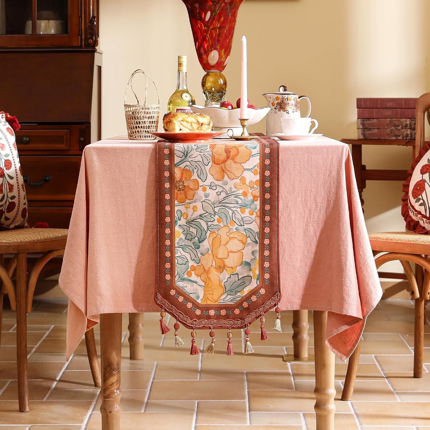 Designer Vintage Orange Floral Table Runner,French Farmhouse Soft Linen Table Runners 94 Inches Long,Decor Tabletop for Kitchen,Dining,Party,Tea Party,Christmas,16"*94"