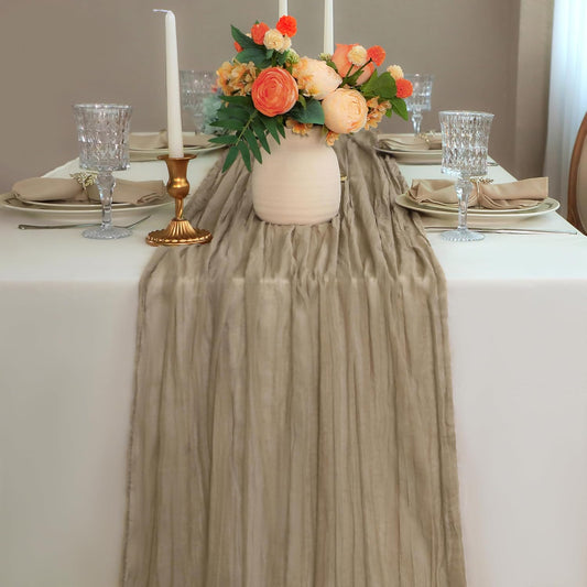 Snowkingdom 6PCS 10 FT Nude Brown Cheesecloth Table Runner, 120 inch Long Cheese Cloth Boho Rustic Gauze Sheer Runner for Wedding Party Baby Shower Birthday Christmas Holiday Table Decorations
