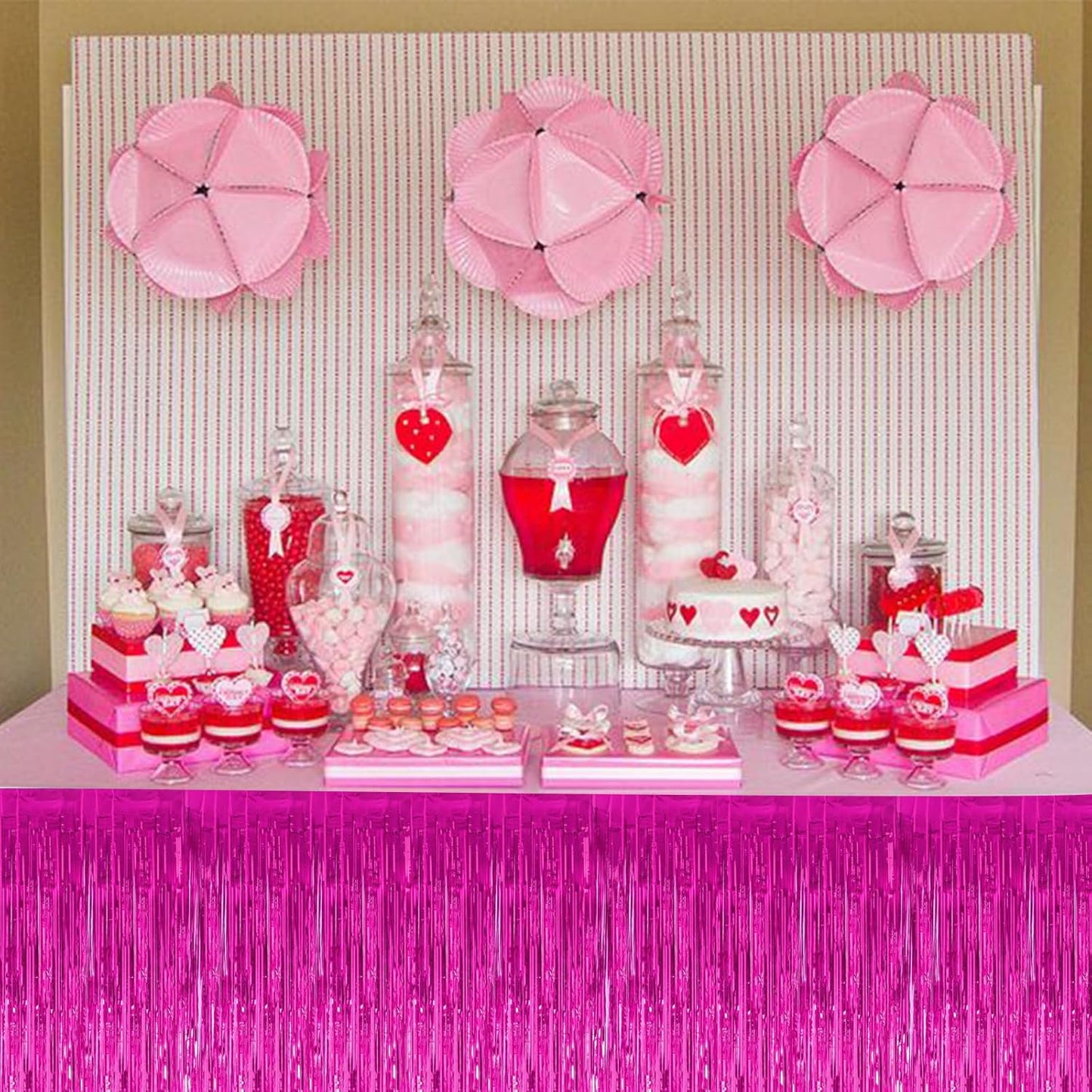 BEISHIDA 2 Pack Metallic Tinsel Foil Fringe Table Skirts for Rectangle & Round Tables Hot Pink Kids' Birthday, Holiday Cartoon Party Decorations for Birthday Valentines Baby Shower Festive Events