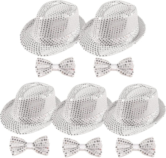 10 Pcs Unisex Sequin Fedora Hat Sequin Bow Ties Set Bling Retro Dance Jazz Cap Funky Party Costume Fedora