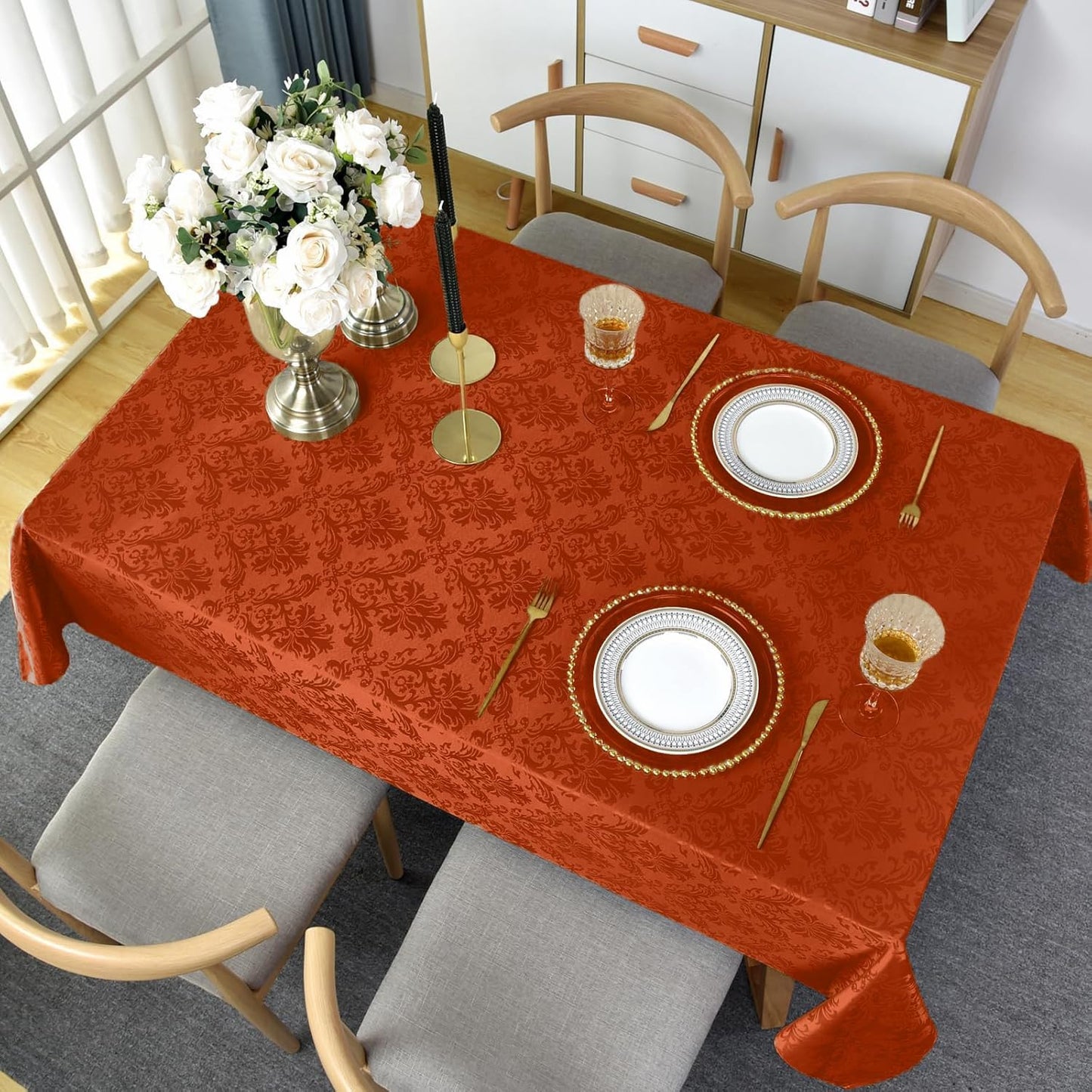 SASTYBALE Jacquard Rectangle Tablecloth, Rusty Spill-Proof Wrinkle Resistant Damask Table Cloth, Soft Polyester Oblong Table Cover for Kitchen Parties Thanksgiving - 60 x 120 Inch Rust