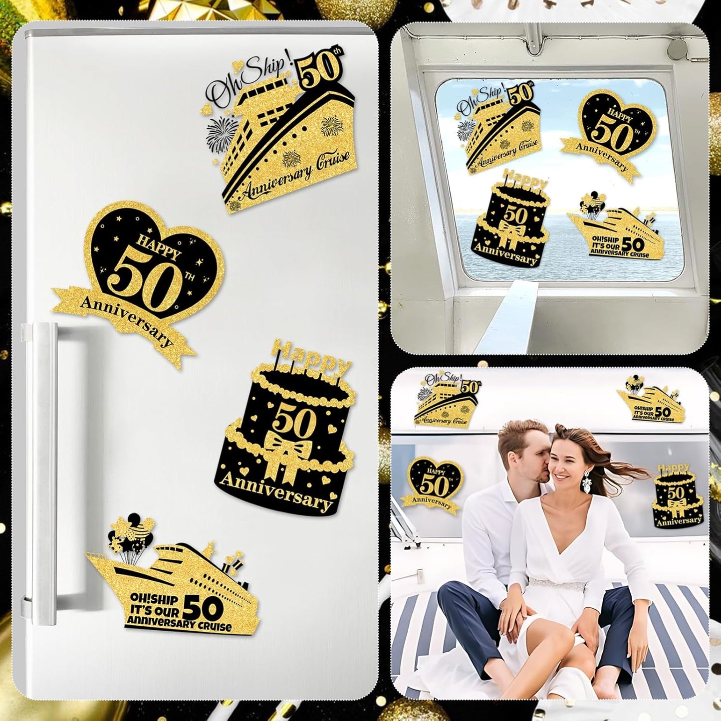 4 PCS Large 50th Anniversary Cruise Door Magnets Decorations Happy 50th Anniversary Cruise Ship Door Decor Magnetic Wedding Magnets Garage Refrigerator Car Magnets for Cabin Stateroom (Black Gold)