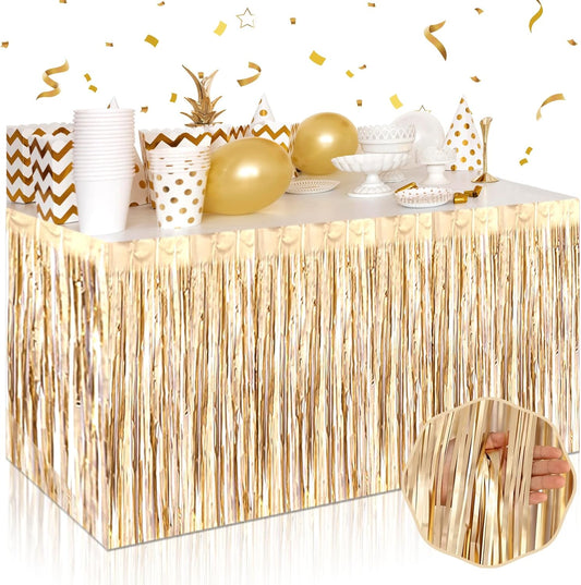 3 Pack 29 x108 Inch Champagne Gold Foil Fringe Table Skirts Metallic Banner for Tinsel Streamer Garland Backdrop for Parade Floats Wedding Thanksgiving Birthday Christmas New Year Party Decoration