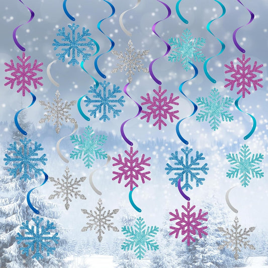 20 Pack Frozen Snowflake Hanging Decorations - Winter Snowflakes Hanging Swirls Ceiling Streamers, Glittery Snowflakes Ornament for Wonderland Frozen Party Decorations, Birthday and Christmas Decor