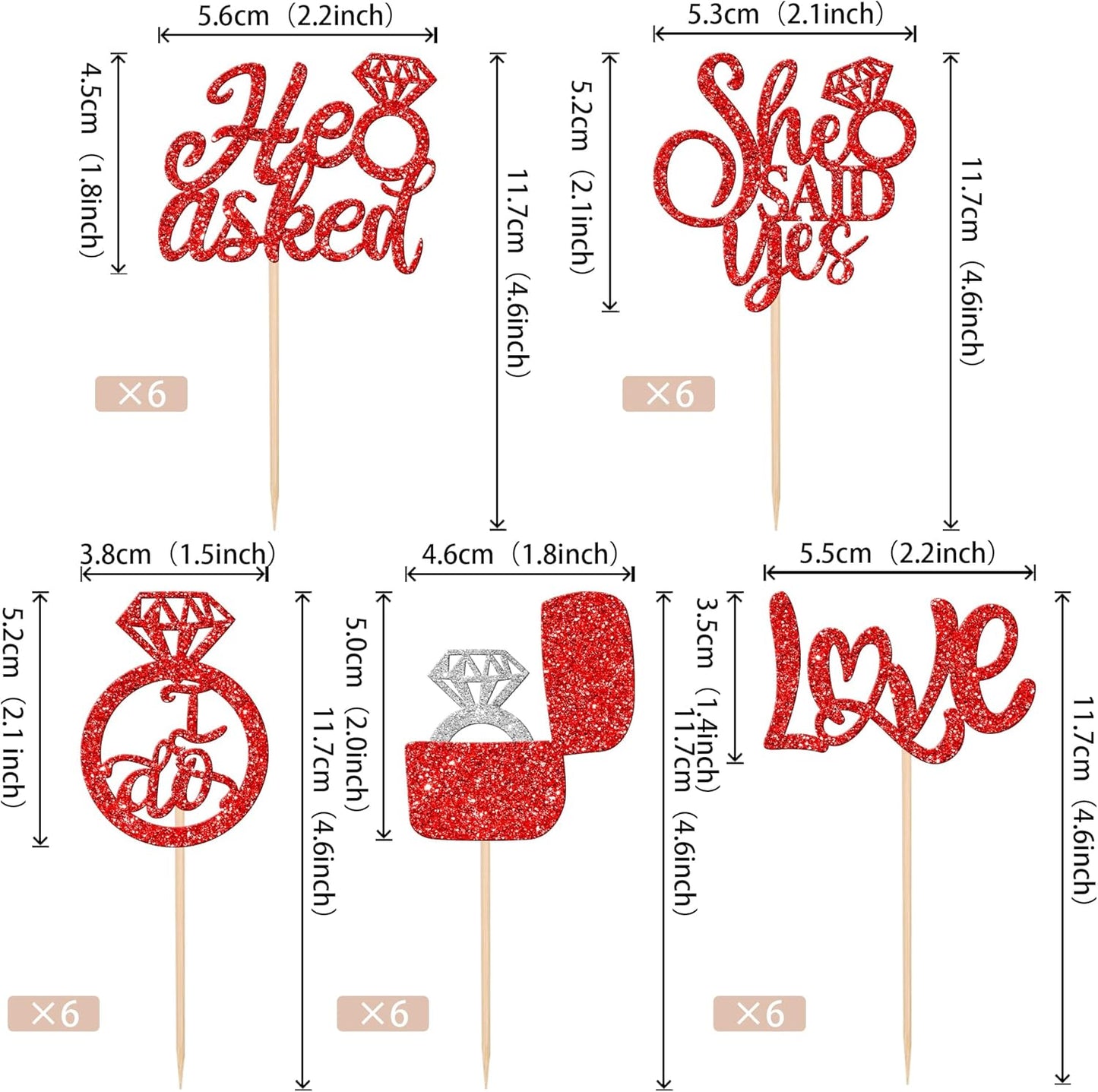 30 PCS He Asked She Said Yes Cupcake Toppers Diamond Ring Cupcake Picks Love I Do Bridal Shower Cupcake Decorations for Wedding Enaggement Theme Party Cake Decorations Supplies Red