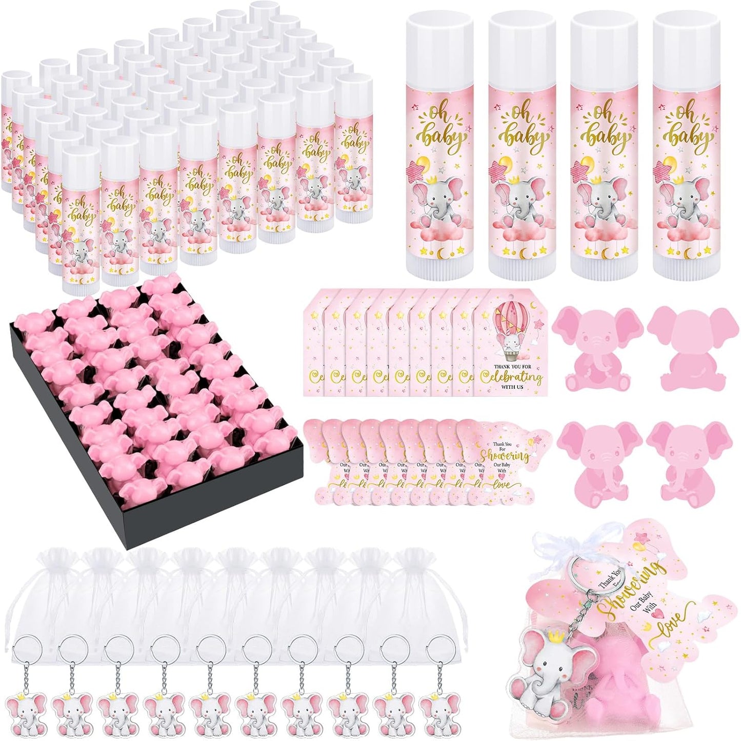 288 Baby Shower Favors Baby Shower Gifts Bulk Lip Balms Soaps Keychains Organza Bags Guest Appreciation Gift with Thank You Tags and Cards for Boys Girls Guest Gift(Pink,Elephant)