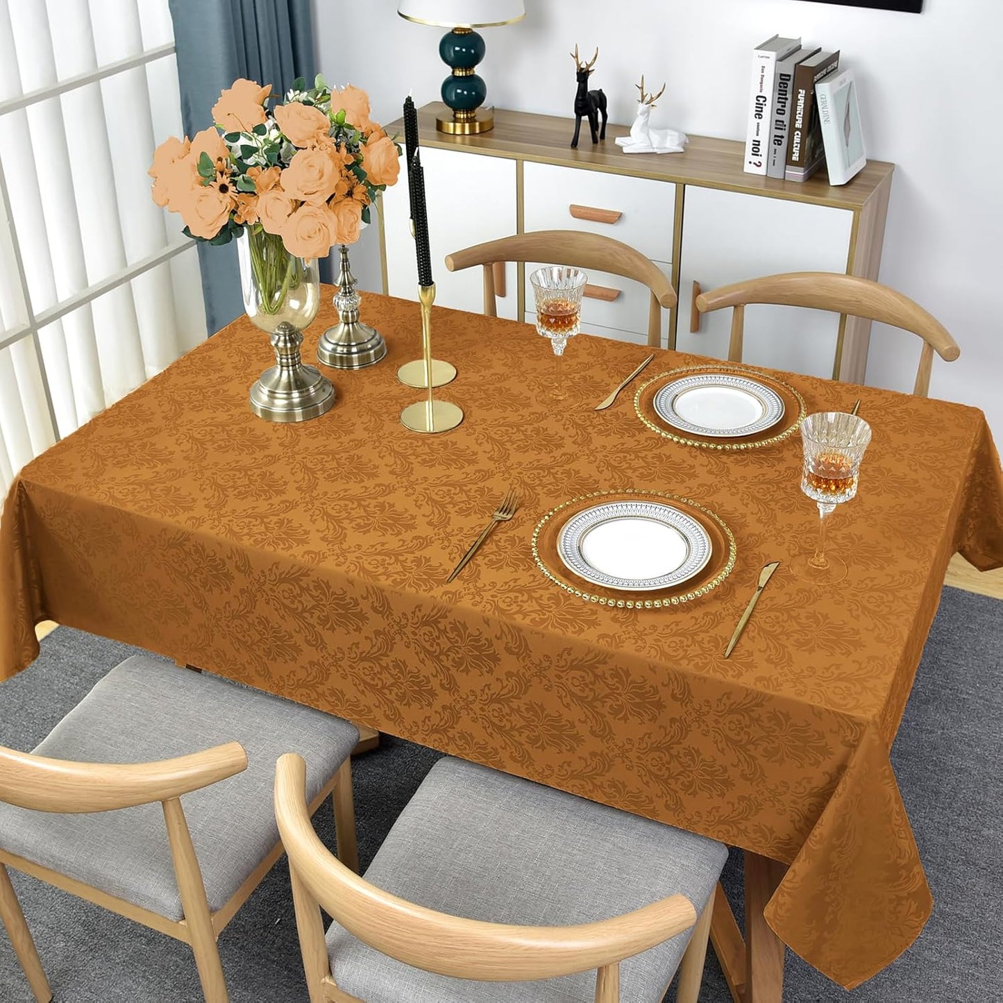 Rectangle Table Cloth - 60 x 102 Inch Brown Jacquard Tablecloths Damask Design Spillproof Wrinkle Resistant Shrinkproof Soft Tablecloth Polyester Oblong Table Cover for Kitchen Dinning Party Tabletop