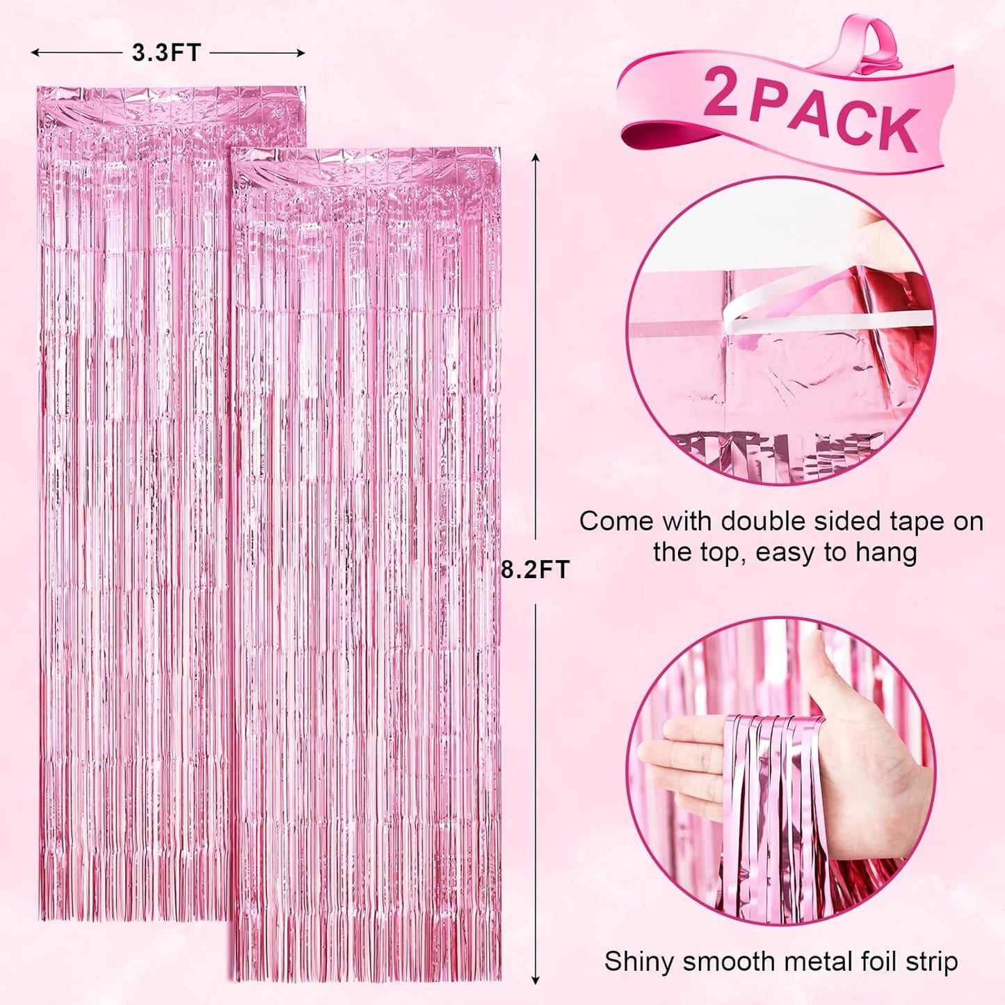 2 Pack Light Pink Foil Fringe Backdrop Curtains, Tinsel Streamers Birthday Party Decorations, Fringe Backdrop for Graduation, Baby Shower, Gender Reveal, Disco Party