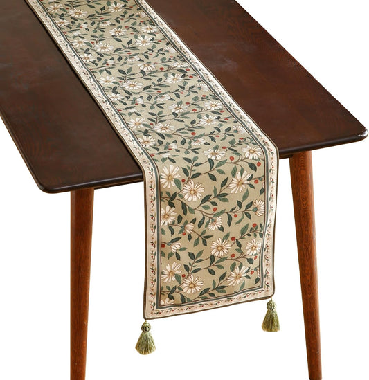 ISAENNE Designer Green Elegant Linen Extra Long Table Runner 118 Inches,Flower and Leaves Pattern Wrinkle Resistant Table Runners for Dining Tables,Thanksgiving,Kitchen Tables,Christmas,12"*118"-Brune