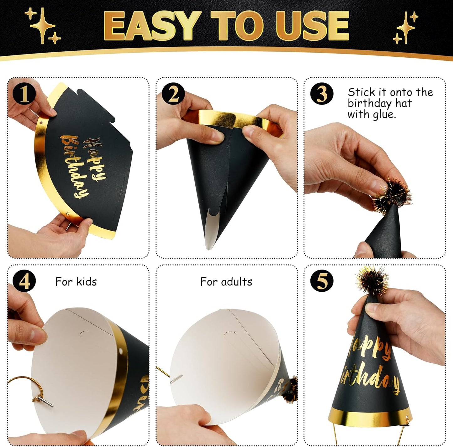 34 Pcs Birthday Party Hats - Gold Cone Hats Including 12 Paper Hats and 22 Noise Makers