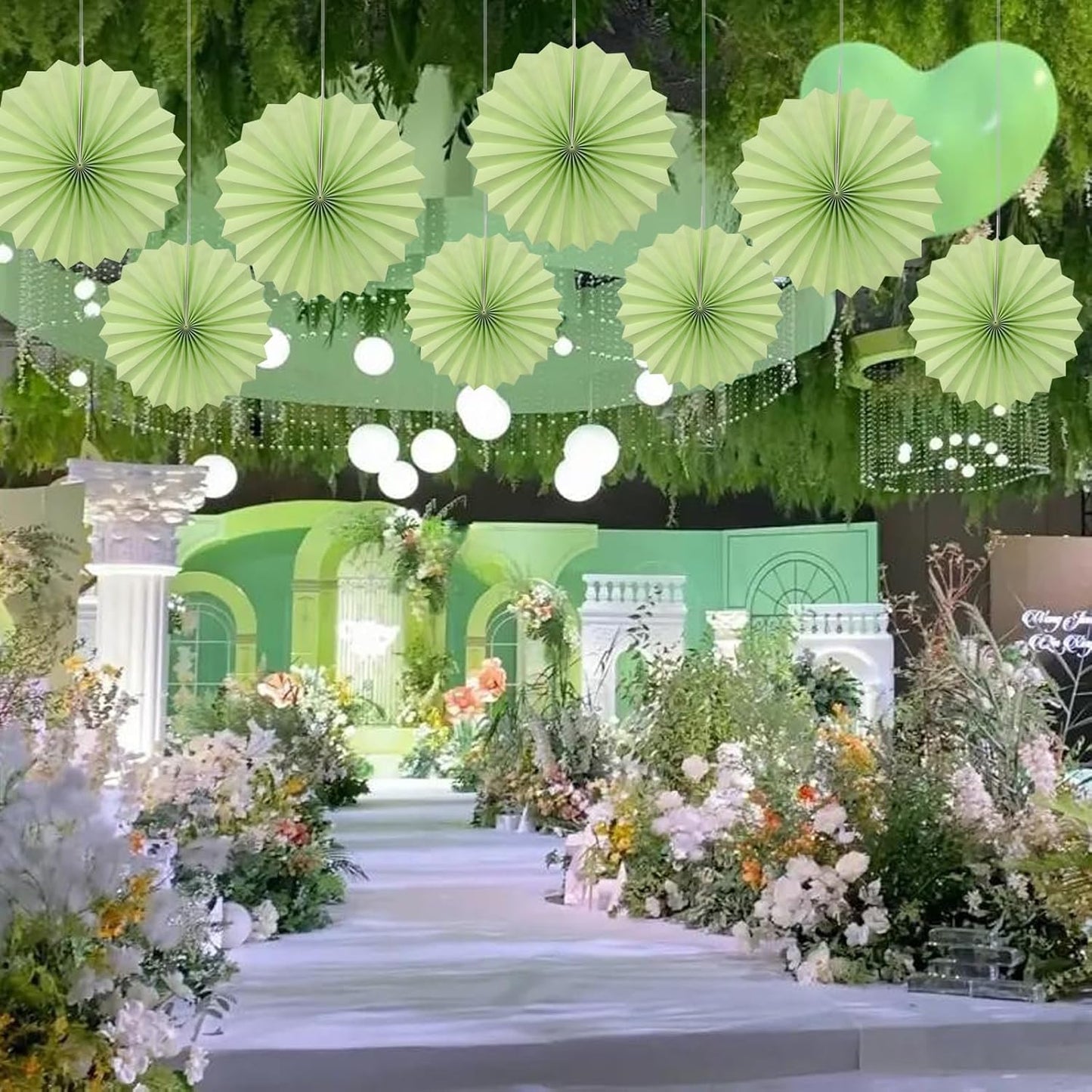 Green Hanging Paper Fans,12in,30 Color,DIY Set,Light Green,Military Theme,Birthday Occasion