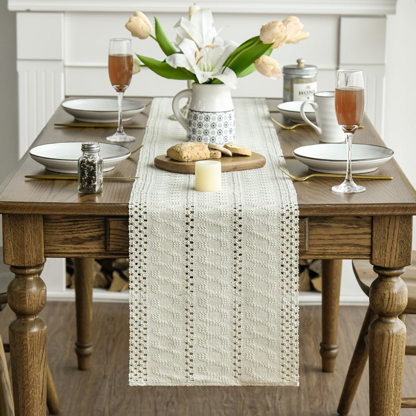 Artoid Mode Beige Farmhouse Woven Rustic Hollow Table Runner, Seasonal Holiday Hollow Kitchen Dining Table Decoration for Home Party Decor 12x72 Inch