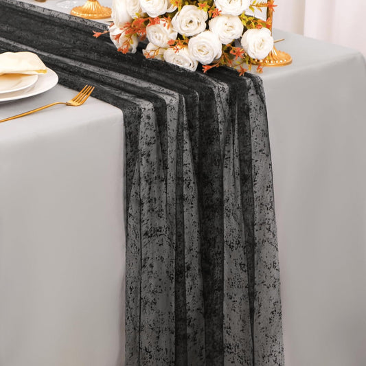 Snowkingdom Black Table Runner, 10FT Sheer Tulle Cheesecloth Gauze Metallic Mesh Foil Table Decoration for Halloween, Party, and Christmas