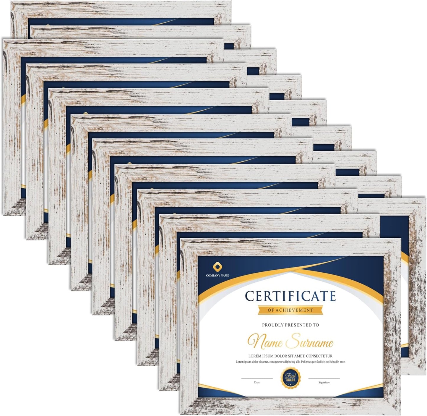 PETAFLOP Bulk Document Frames 8.5x11 Certificate Picture Frame Set of 18, Distressed White Frame for Wall Tabletop Vertically and Horizontally