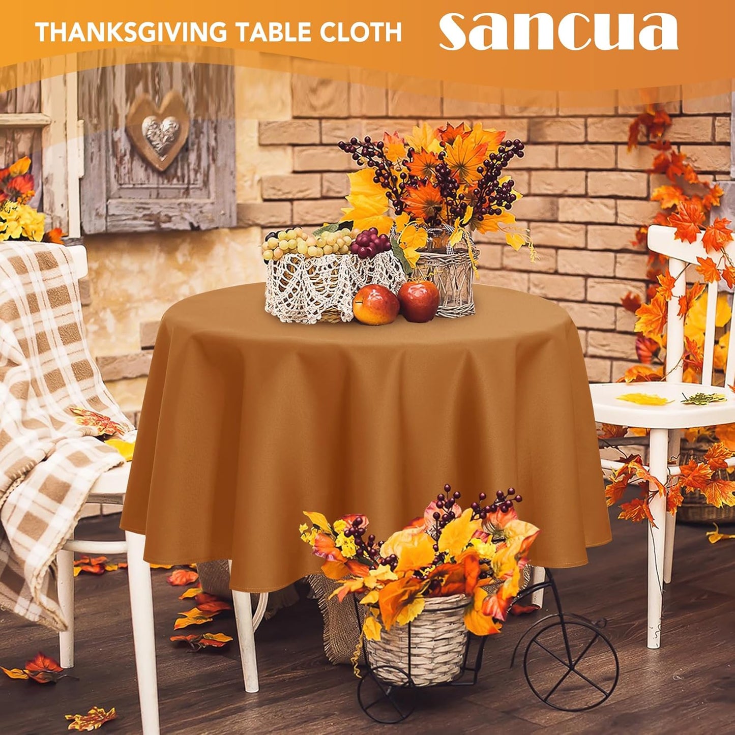 sancua Round Tablecloth 70 Inch(Fits 20-58 Inch Tables) - Water Resistant Spill Proof Washable Polyester Fall Table Cloth Decorative Fabric Table Cover for Dining Tables Thanksgiving Parties, Bronze
