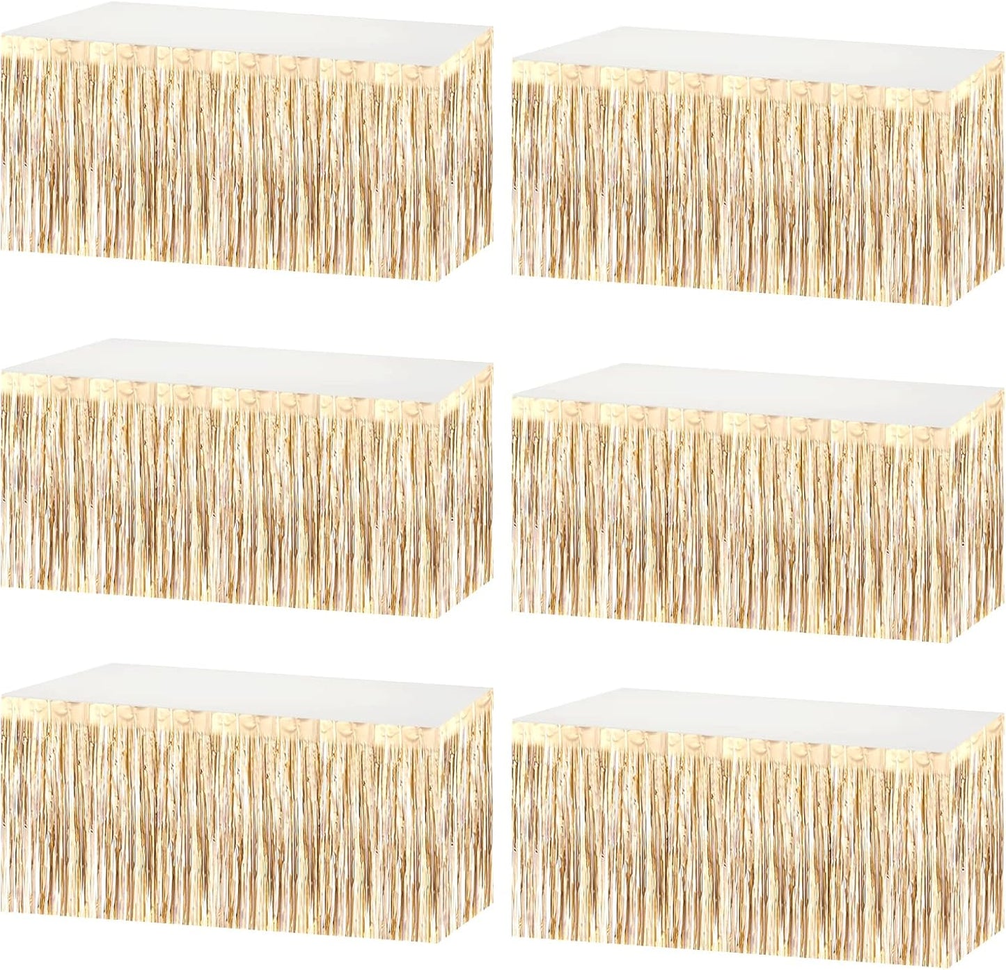 6 Pack 29x108 Inch Metallic Foil Fringe Tinsel Table Skirts Banner for Rectangle Tables Streamer Garland Backdrop for Wedding, Birthday, Parade Floats, Halloween Party Decoration(New Champagne Gold)