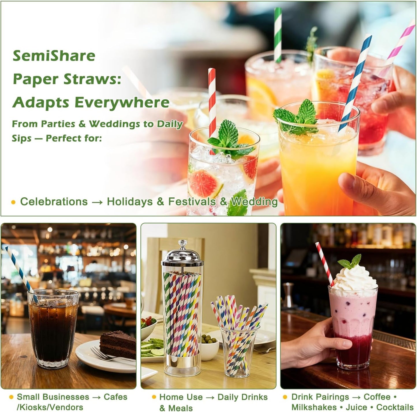 100 Pack Striped Paper Straws for Drinking– Sturdy & Non-Soggy – 100% Biodegradable disposable, Food-Safe Ink colorful straws, and Multi-Layered for Long-Lasting Use-Daily/Party/business